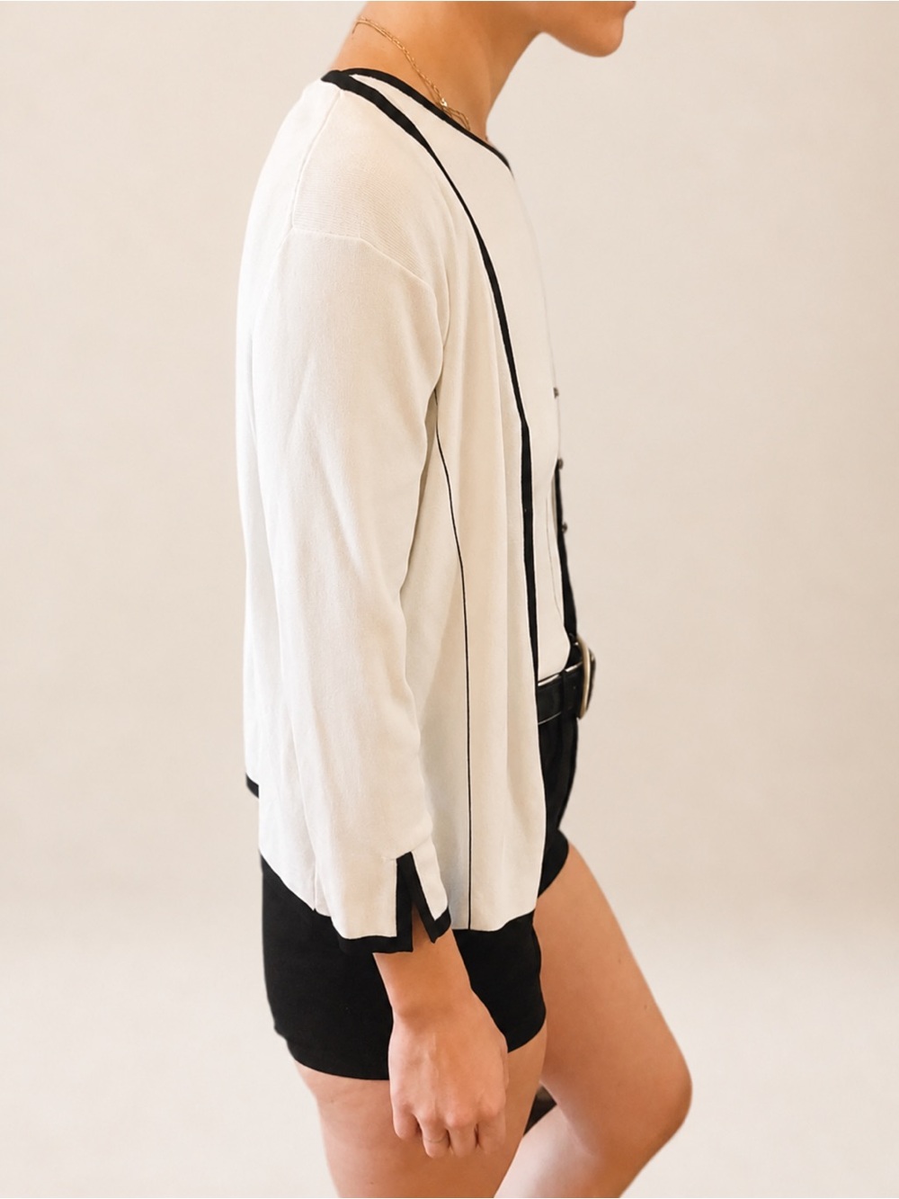 Vintage Shego’s White + Black Trim 3/4 Sleeve V Neck Cardigan Sweater Fit S M L - Picture 9 of 16